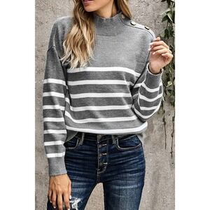 Trendy Striped Button Detail Mock Neck Sweater Knit Gray White Size S